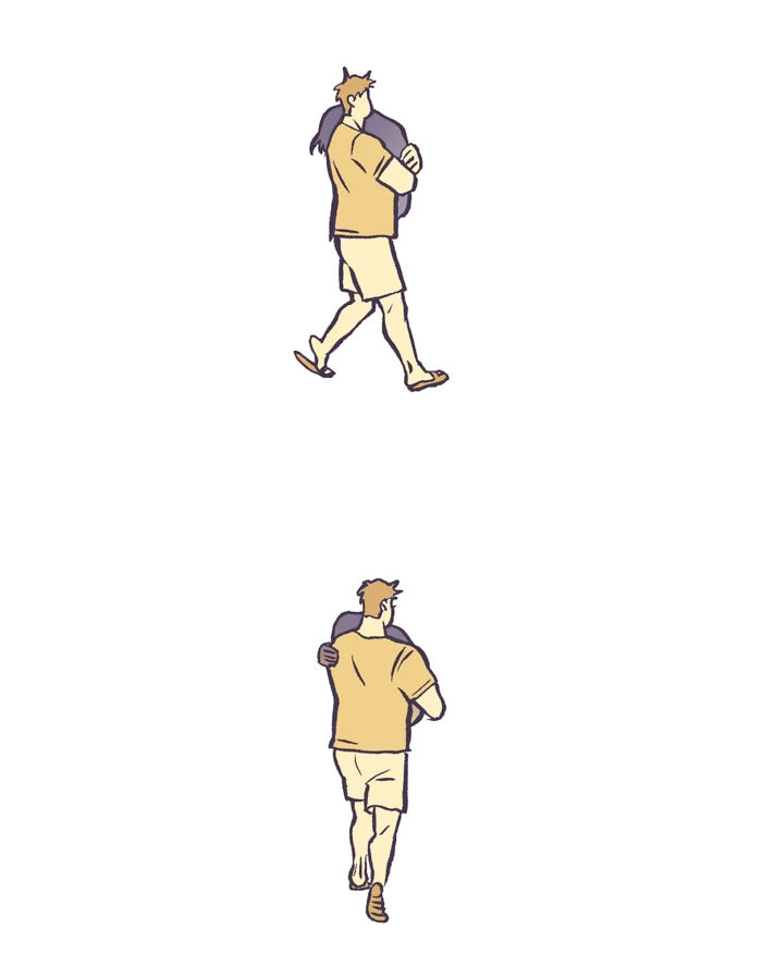 Illustration of a tall, geeky husband and wife holding hands and walking together, capturing relatable moments.
