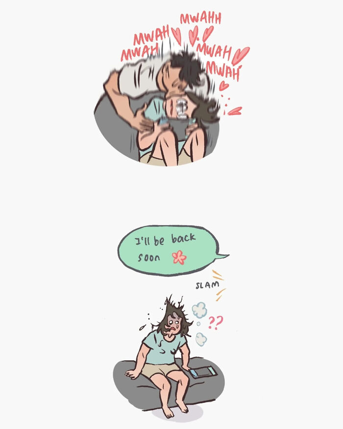 Illustration by Malaysian artist showing a close-up of hands and a woman's face in a relatable comic style.