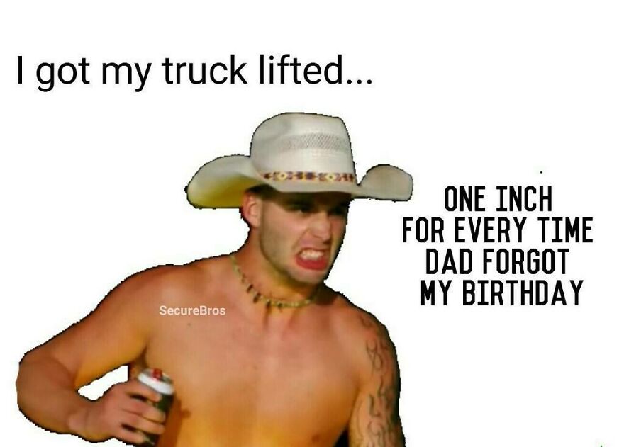 Shirtless man in a cowboy hat holding a drink, making a funny face in a post mocking alpha males and trucks.