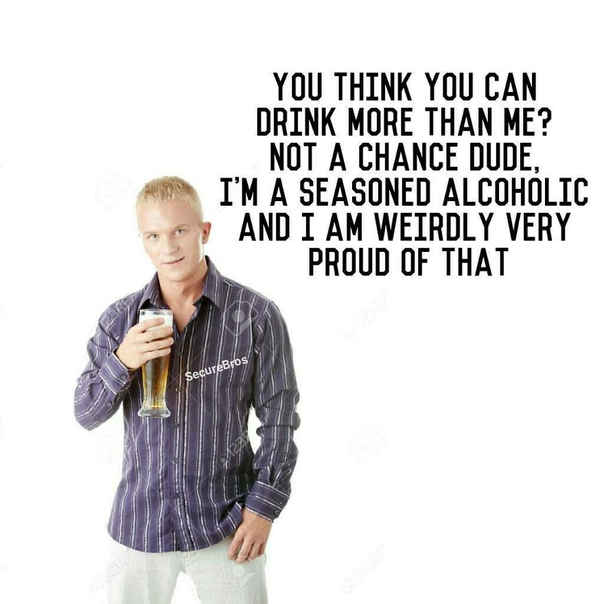 Young man holding a beer glass with a humorous caption mocking alpha males about drinking pride and ability.