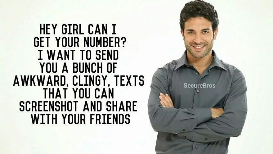 Man with crossed arms next to funny text making fun of alpha males with awkward clingy messages to share.