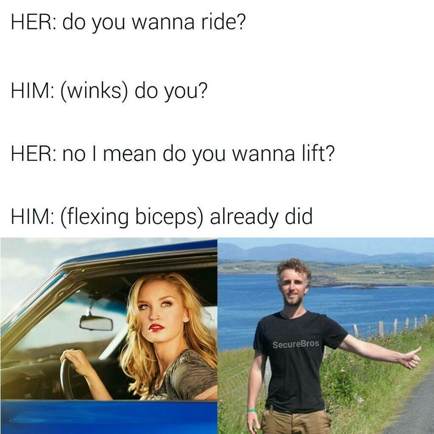 Humorous text exchange and images mocking alpha males with playful jokes about riding and lifting weights.