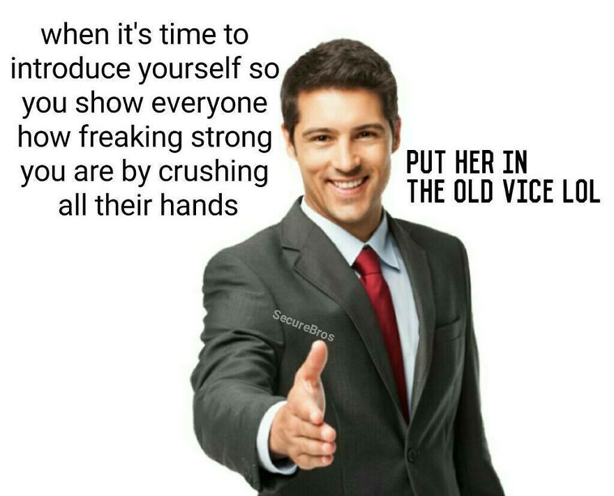 Young man in suit offering handshake with text making fun of alpha males crushing hands to show strength.