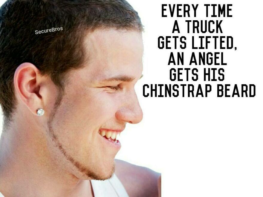 Young man with chinstrap beard smiling, next to humorous text about alpha males and lifted trucks.