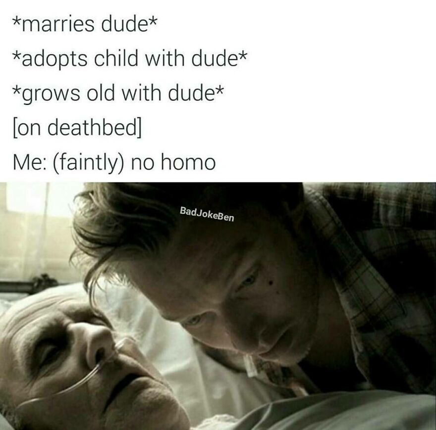 Man lying on a hospital bed with another man leaning over him, humorous post making fun of alpha males.