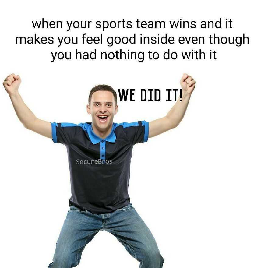 A young man celebrating a sports team win, illustrating humor about alpha males feeling victorious without contribution.