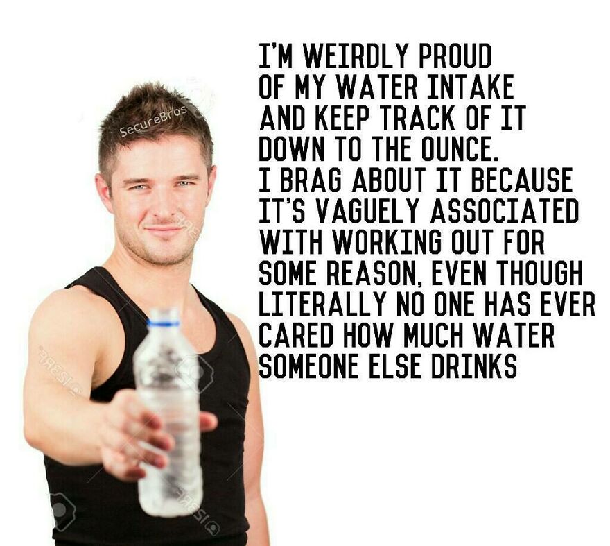 Young man in a black tank top holding a water bottle with a funny caption making fun of alpha males and water intake.