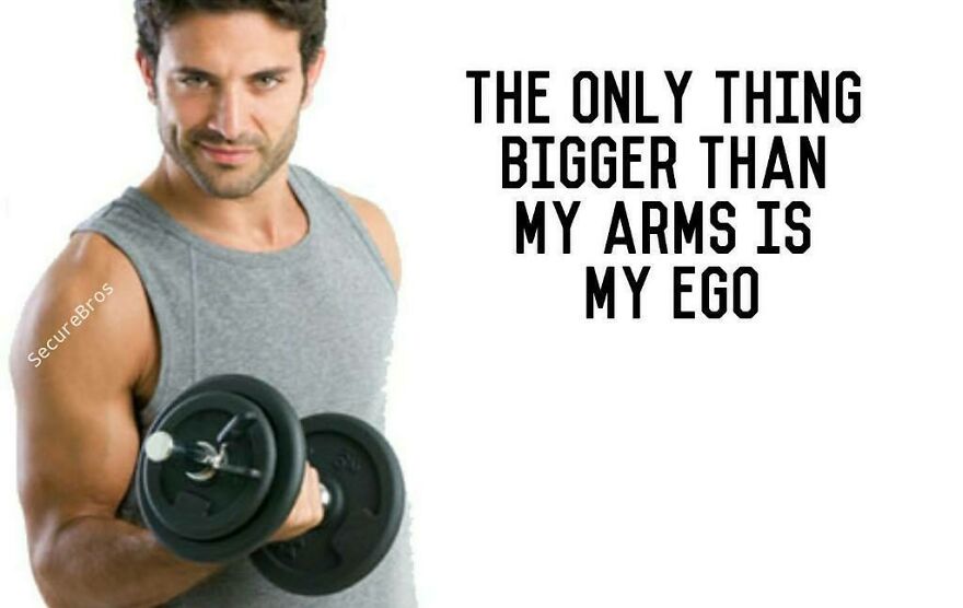 Muscular man lifting dumbbell with confident smirk, next to humorous text about ego and alpha males.