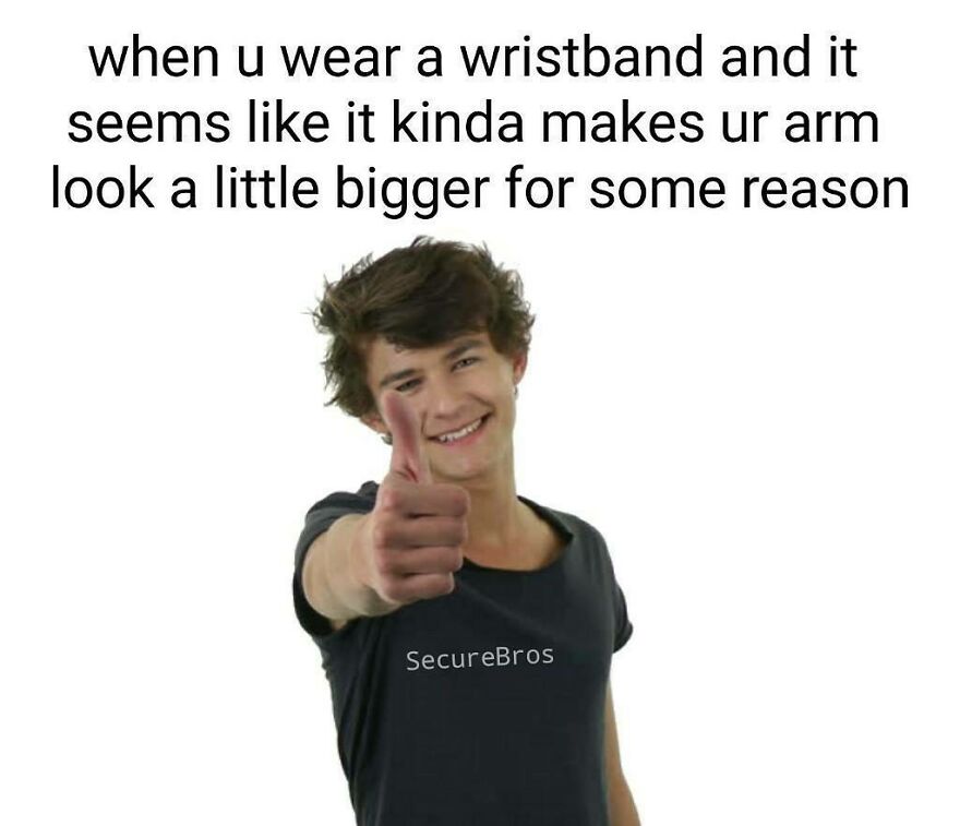 Young man giving thumbs up with text about wristbands making arms look bigger, humor related to alpha males.