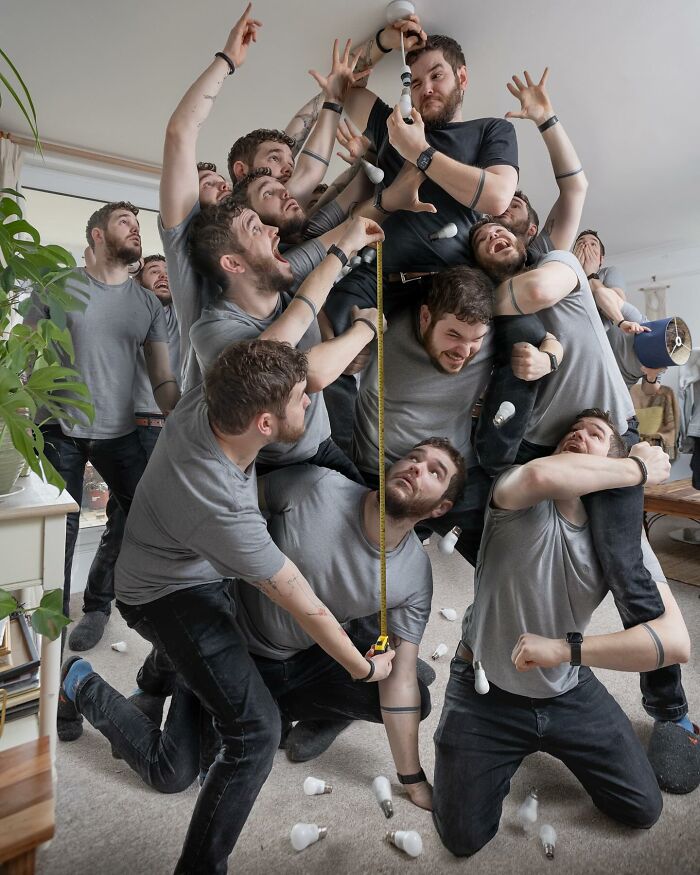 Multiple versions of the same man interacting with light bulbs in a logic-challenging photo manipulation artwork.