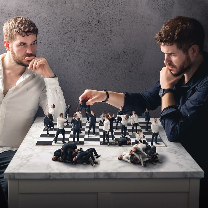 Two men creating amazing logic-challenging photo manipulations featuring miniature versions of themselves on a chessboard.