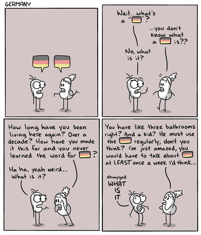 Comic illustration humorously depicting language differences in Germany with two characters confused about a word.