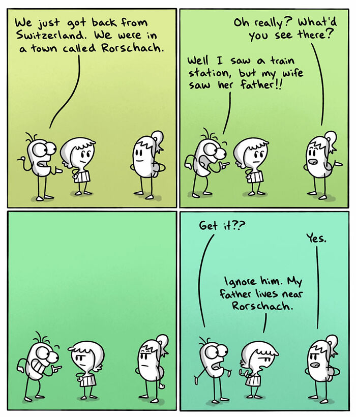 Comic strip illustrating language and cultural differences between countries with humorous characters in conversation.