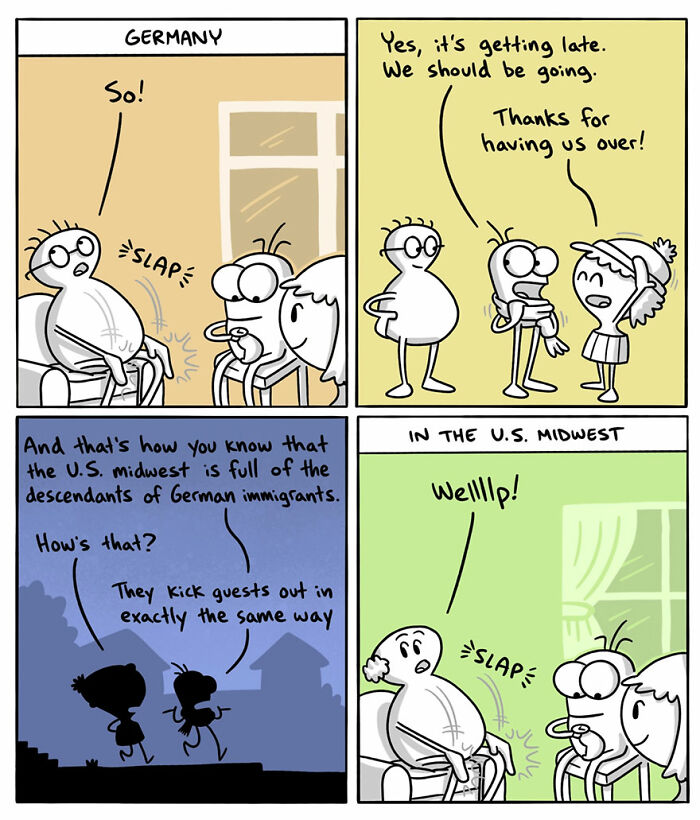 Comic illustrating cultural differences between Germany and U.S. Midwest with a humorous depiction of guest etiquette.