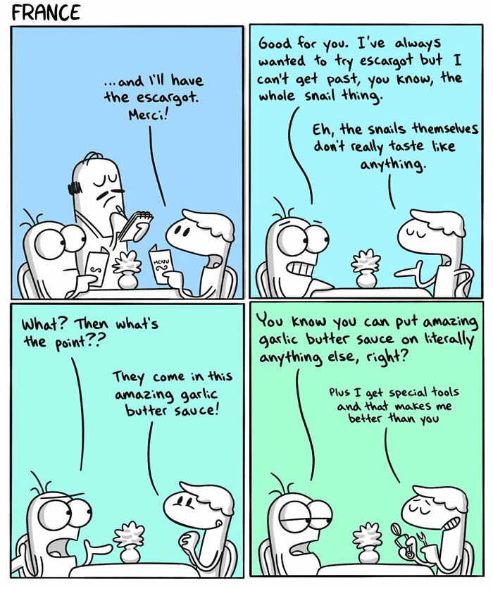Comic illustration humorously depicting cultural differences in France with garlic butter and escargot, relating to artist language comics.