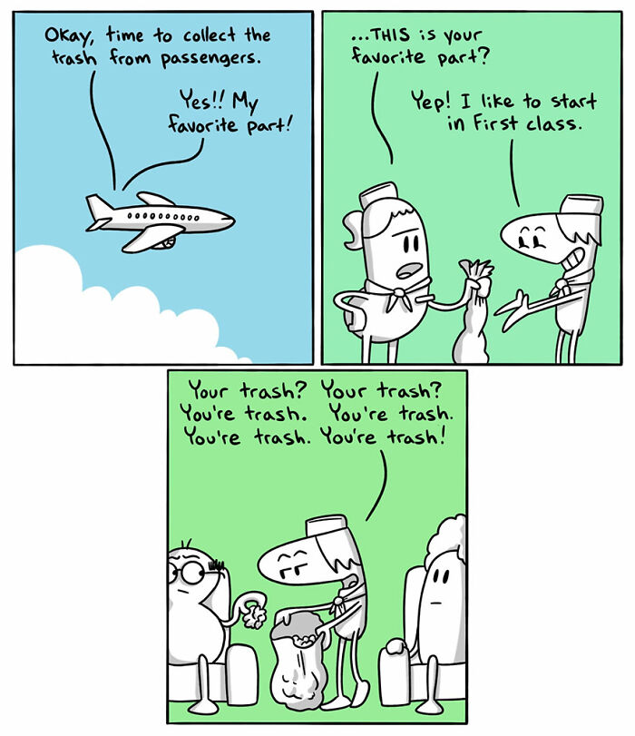 Comic illustrating humorous language differences about collecting trash on an airplane by an artist in 44 new comics.
