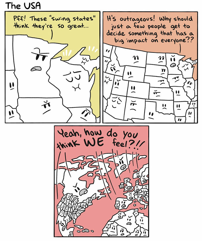 Comic illustrating political frustrations with swing states in the USA, featuring humorous country and language differences by artist.