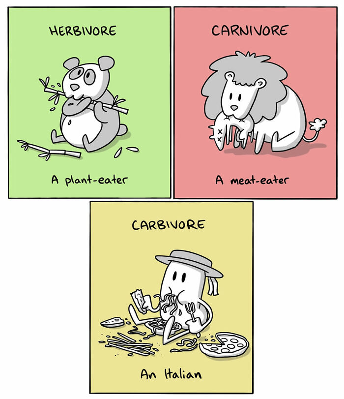 Comic illustrating differences between countries and languages with humorous herbivore, carnivore, and Italian carbivore characters.