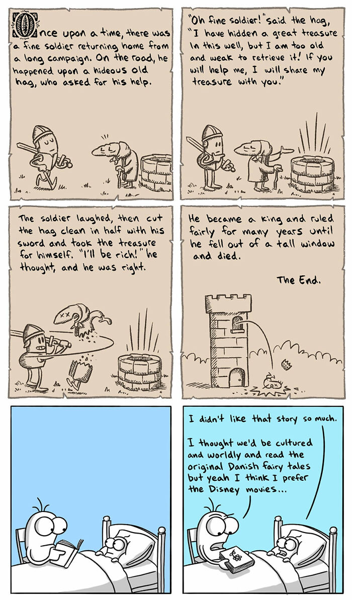 Comic illustrating language and cultural differences in storytelling, highlighting humorous international perspectives by artist.