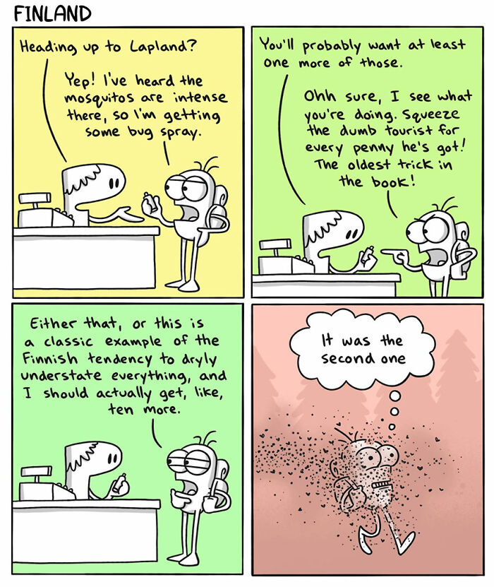 Comic illustration humorously depicting Finland and language differences in a funny artist's comic about countries and languages.