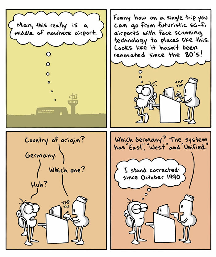 Comic illustrating cultural differences between countries with humorous language and airport scenes in a quirky artist style.