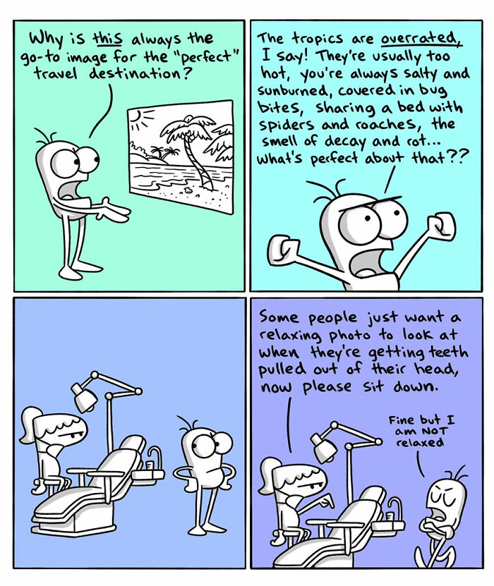 Cartoon comic illustrating humorous cultural differences in travel and relaxation using simple characters and speech bubbles.