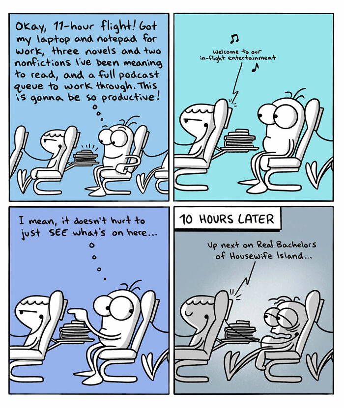 Comic illustrating humorous differences between countries and languages showing a distracted passenger on a long flight.