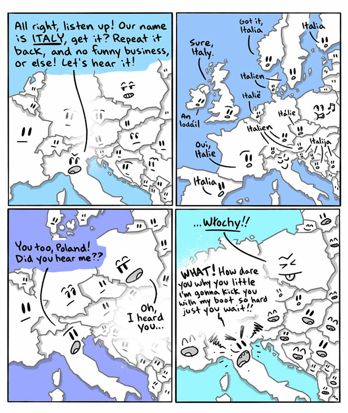 Comic illustration showing Europe with countries personified to humorously depict language differences in artist's comics.