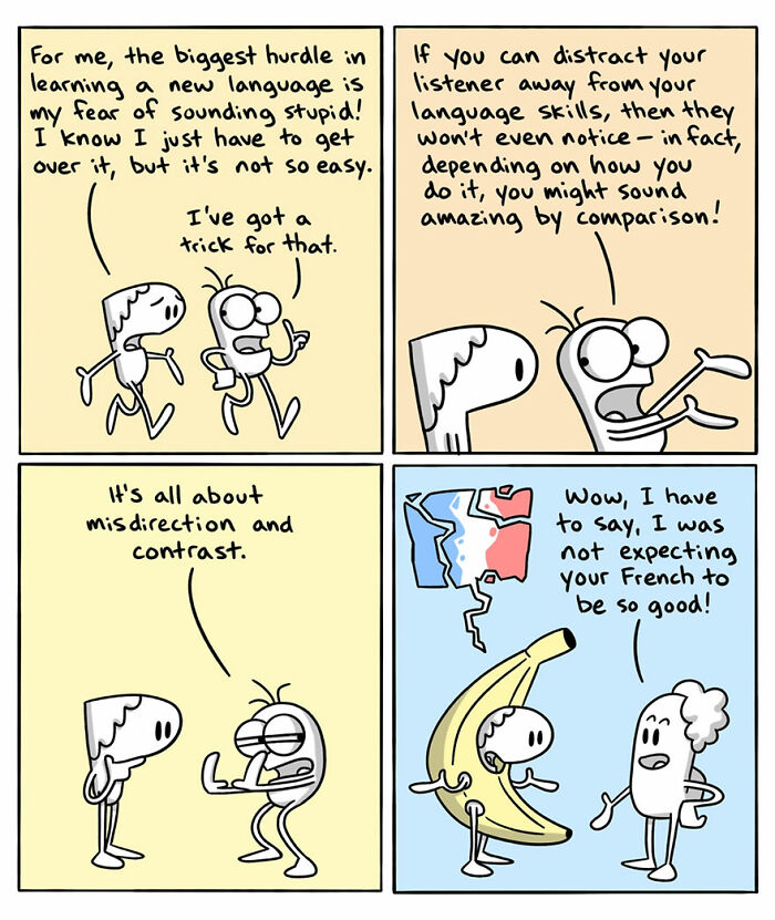 Comic illustrating language learning humor with characters discussing differences in languages and countries in a funny way.
