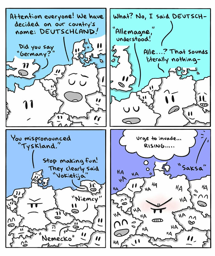 Comic illustrating differences in country names across languages, humorously depicting European countries with speech bubbles.