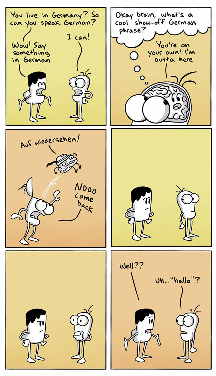 Comic panels humorously illustrating language differences with characters struggling to speak German in an artist's comics series.