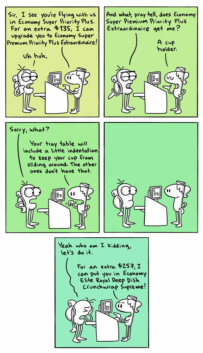 Comic illustrating humorous differences in language and flight upgrades with Economy priority options by artist.
