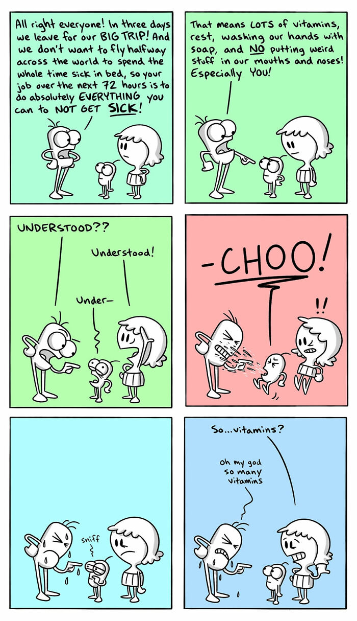 Comic strip showing a family discussing health precautions before a trip, illustrating humor in language and cultural differences.