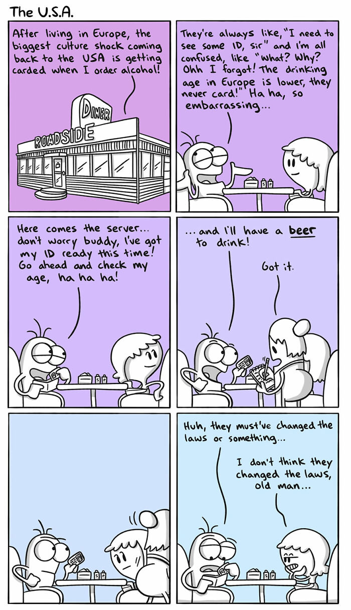 Comic illustrating cultural differences in the USA with humor by artist capturing customs in different countries and languages.