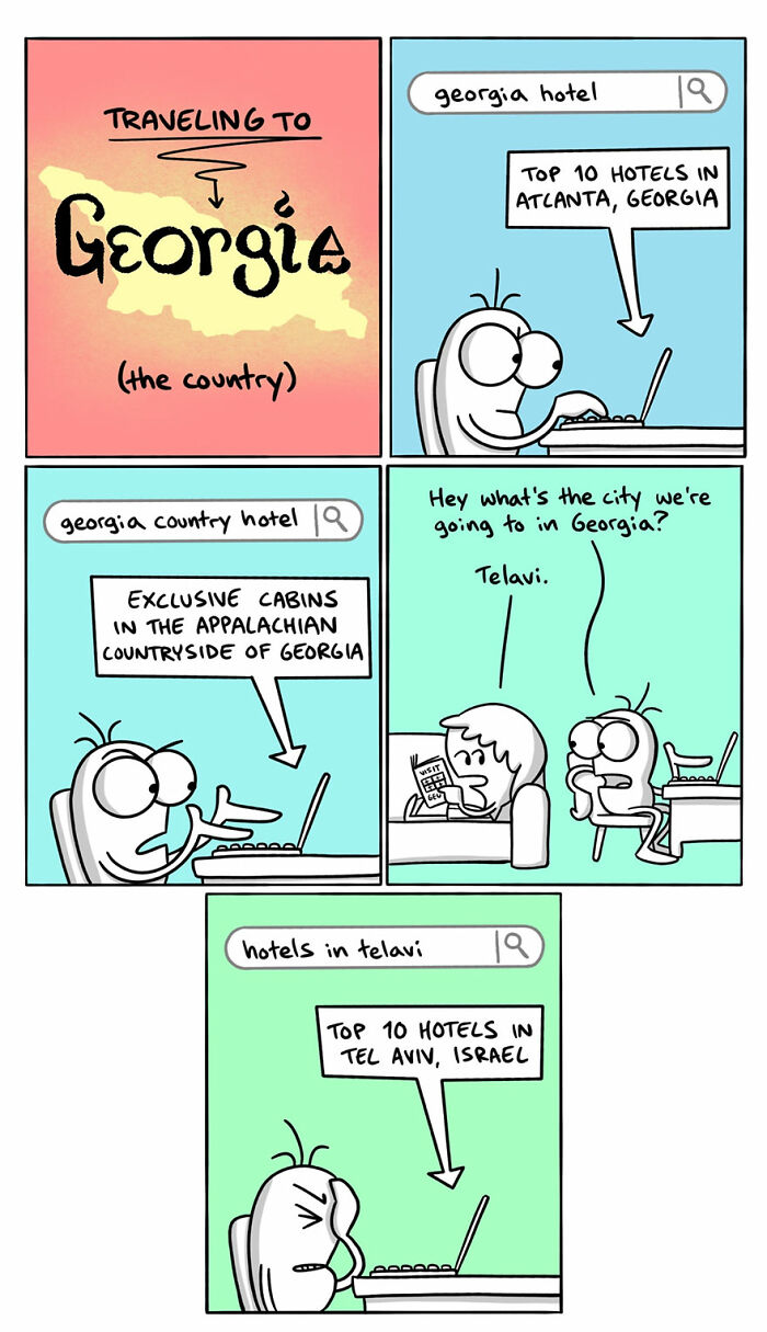 Comic illustrating travel confusion between Georgia the country and Georgia the US state by an artist humorously depicting language differences.