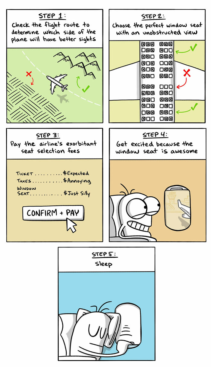 Comic illustration humorously showing steps to choose a window seat on a flight with amusing details about travel fees and excitement.
