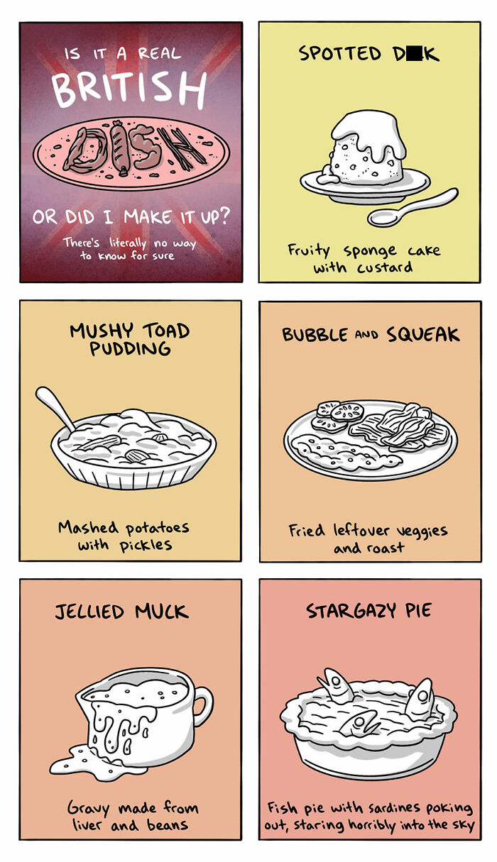 Comic illustrating British dishes with humorous descriptions, highlighting artist's take on cultural and language differences.