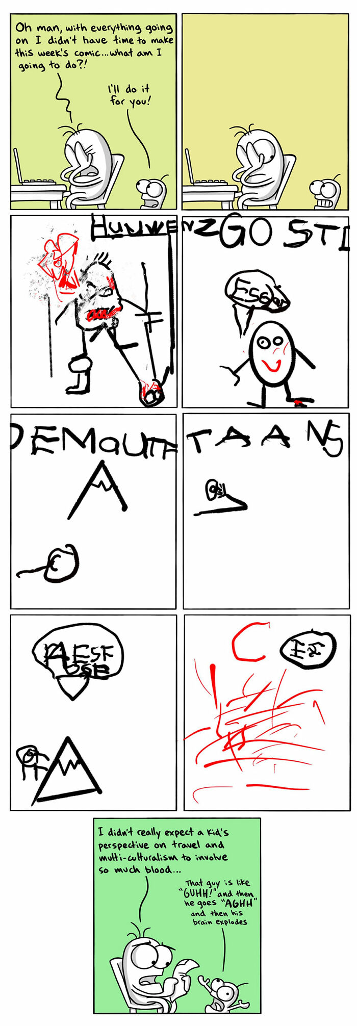 Comic panels humorously illustrating cultural and language differences with exaggerated drawings and funny dialogue.