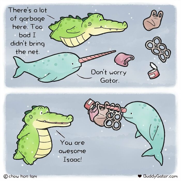 Cartoon of adorable animals cleaning ocean garbage, showing good example for humans from Buddy Gator comics.