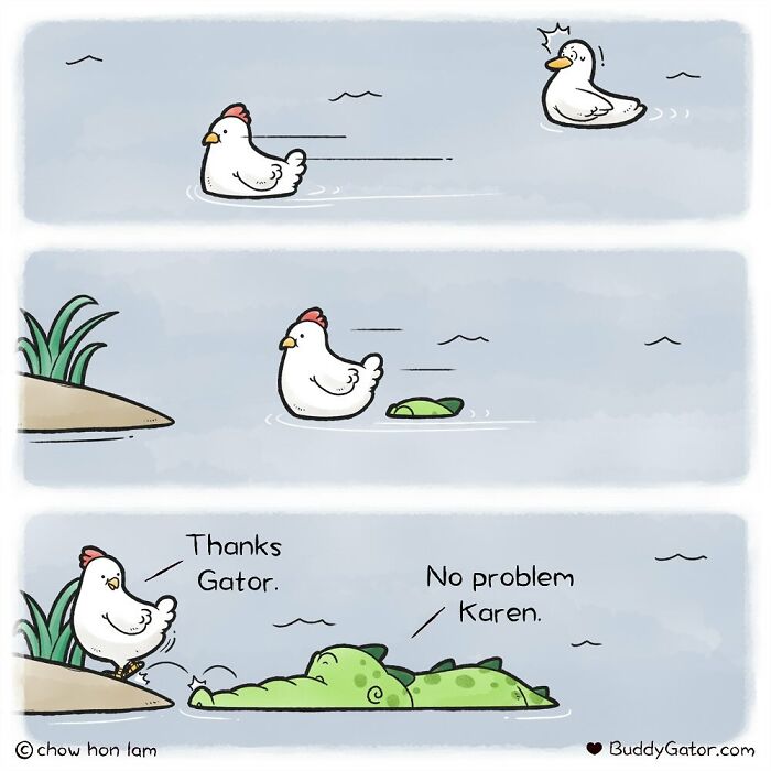 Comic strip featuring adorable animals, a chicken and an alligator, showing kindness and friendship in a cute scene.