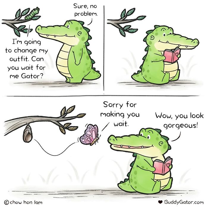 Comic featuring adorable animals with a friendly alligator showing kindness and setting a good example for humans.