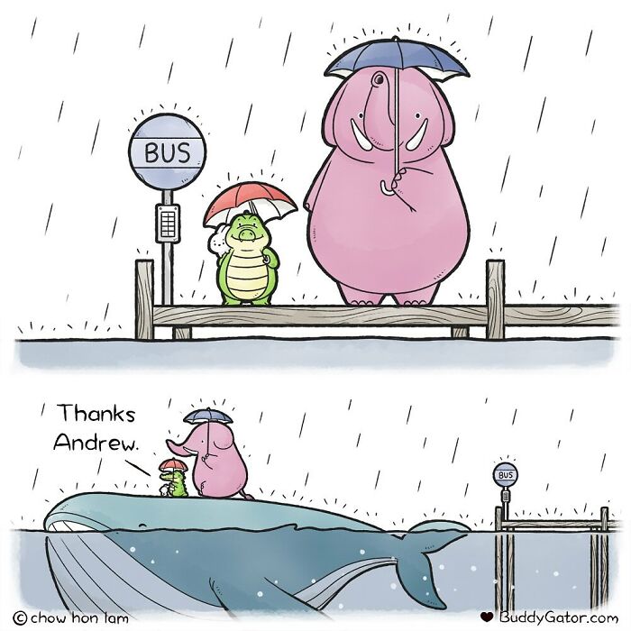 Comic illustration of adorable animals showing kindness at a rainy bus stop, from new comics by Buddy Gator.