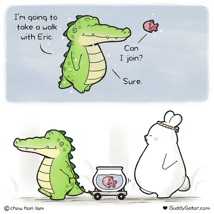 Cartoon adorable animals including a friendly alligator, fish, and rabbit showing kind friendship in a comic style.