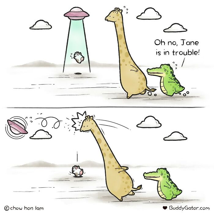 Comic panels featuring adorable animals including a giraffe, an alligator, and a sheep in a humorous alien abduction scene.