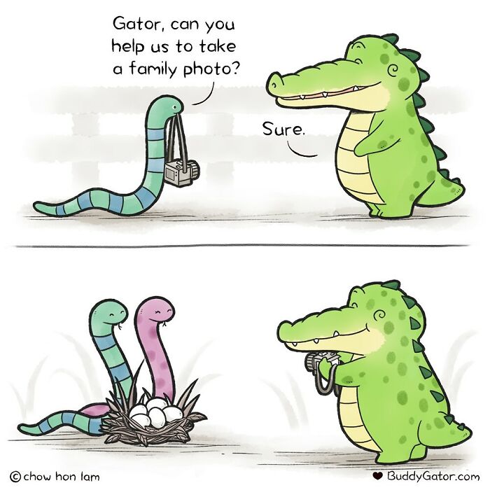 Comic featuring adorable animals with a friendly alligator helping take a family photo, highlighting cute animal behavior.