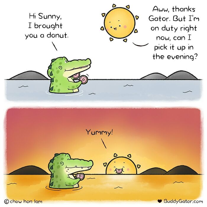 Cute comic of an adorable alligator and smiling sun sharing a donut, showcasing lovable animals setting a good example.