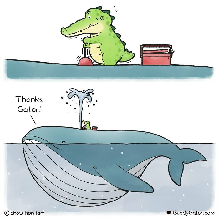 Cartoon of adorable animals showing good example, featuring a friendly alligator and a grateful whale in a comic style.