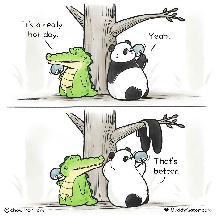 Comic featuring adorable animals, a crocodile and a panda cooling off on a hot day, from Buddy Gator series.