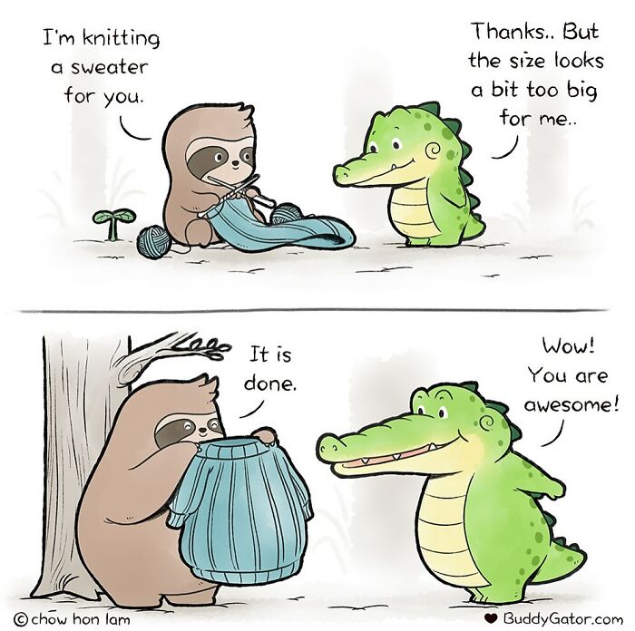 Comic featuring adorable animals with a sloth knitting a sweater for a friendly alligator, showcasing kindness and care.