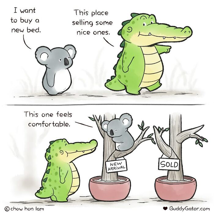 Cute comic of adorable animals with a koala and alligator showing good examples through friendly interaction.